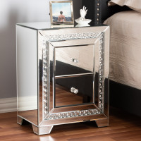 Baxton Studio RS2936 Mina Modern and Contemporary Hollywood Regency Glamour Style Mirrored Three Drawer Nightstand Bedside Table